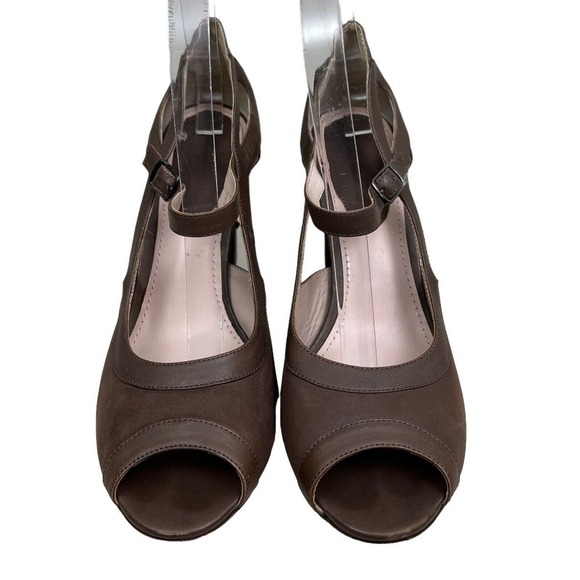 Martin + OSA Pump Brown Leather Ankle Strap Blocked Heel Peep Toe Women Size 10 - Picture 4 of 9